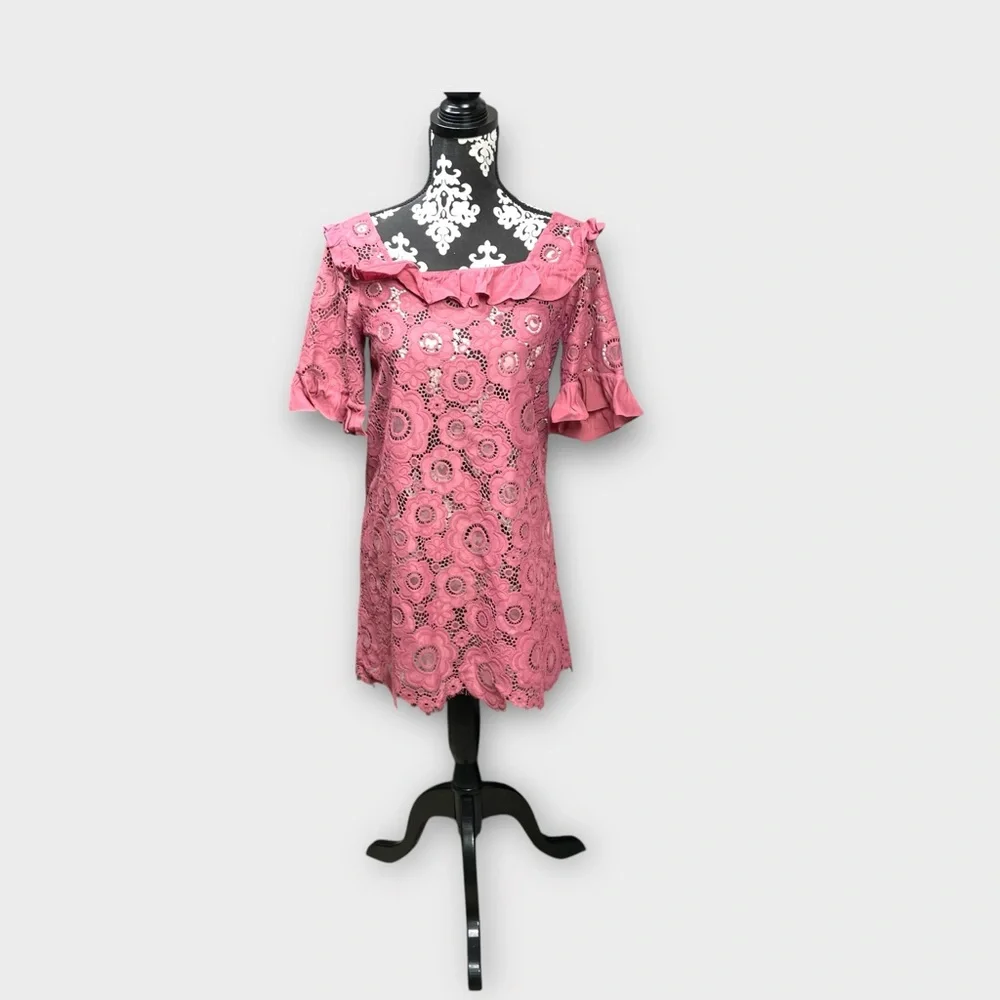 For Love & Lemons Sonya Lace Babydoll Mini Dress Floral Pink Size S Tie Back - Picture 2 of 13